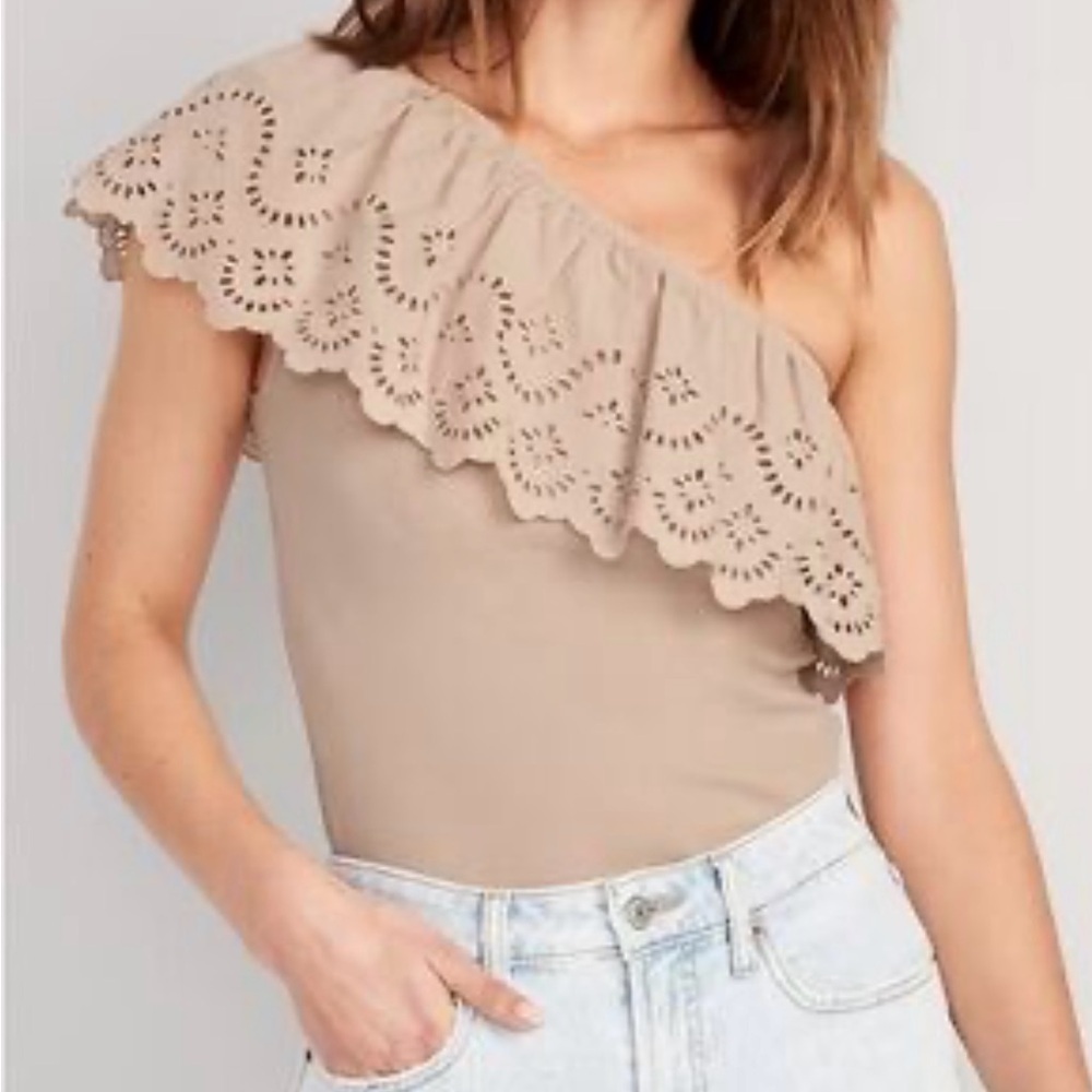 Old Navy Eyelet One-Shoulder Paneled Rib-Knit Top Color: Dried Linen XL